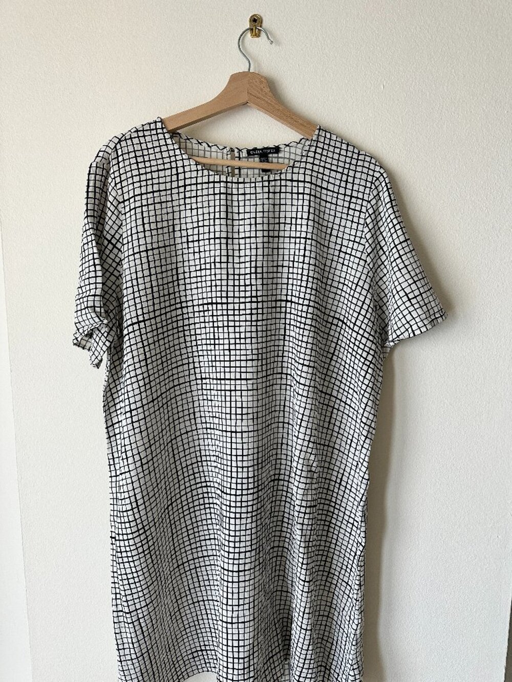 Eileen Fisher XL Tencel Viscose Crepe Grid Shift Dress Black White